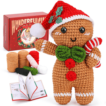 Geborn Christmas Crochet Kit for Adults and Kids with Crochet Yarn,Beginner  DIY Knitting Kit with Step-by-Step Video Tutorials (Gingerbread Man and
