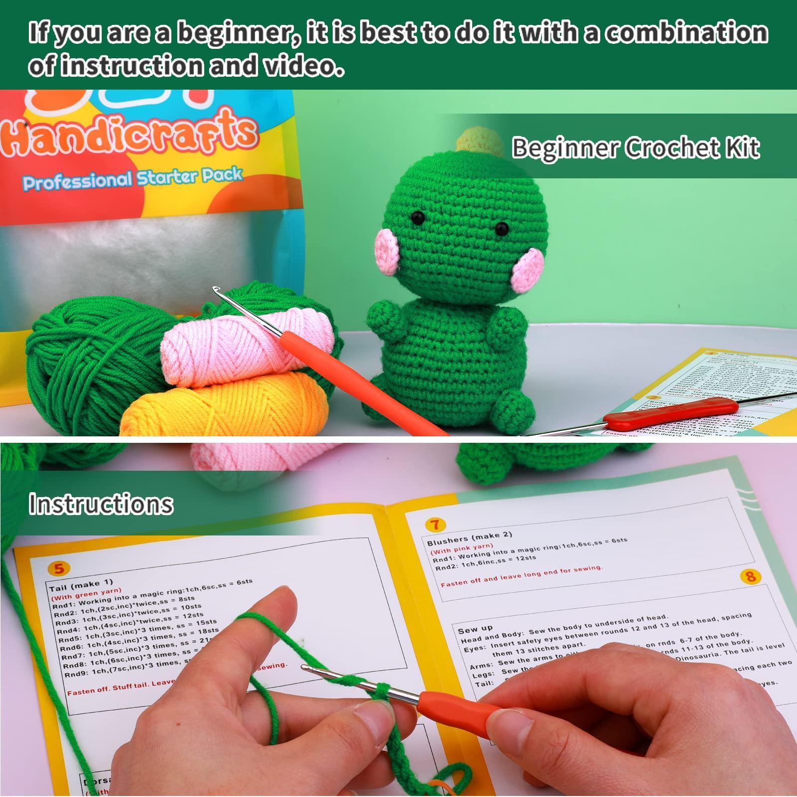 UzecPk Beginners Crochet Kit, Animals Crochet Kit for Beginners,Crochet Knitting Kit(Dinosaur), Size: 6.61 x 9.05, Green